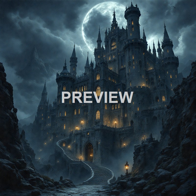 A large, dark, medieval-style castle with numerous towers and spires is illuminated from within, set against a cloudy night sky with a full moon and lightning in the background, with a winding staircase leading up to it through rocky terrain.